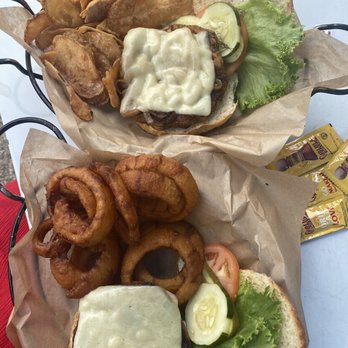 Archies Grill - Top: Sweet Potato Burger w Chips Bottom: Beyond Burger w Onion Rings - American Near Me - Shelburne, Vermont