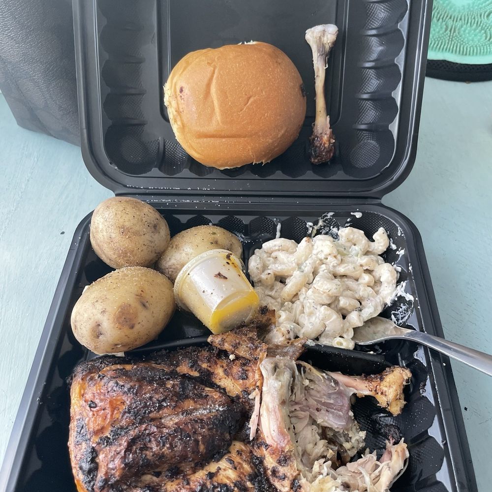 1/2 chicken dinner, butter potato's and Mac salad with a roll and butter sauce