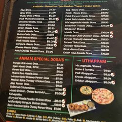 Annam South Indian Cuisine - The menu