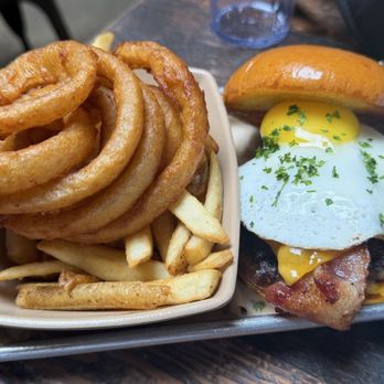 Burger Bench - Sunrise Egg bacon cheese burger   50-50 Fries and onion rings - American Near Me - Escondido, California