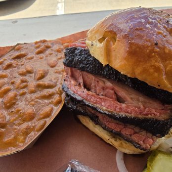 Goldee’s BBQ - Sliced brisket sandwich and brisket beans - Barbeque Near Me - Fort Worth, Texas
