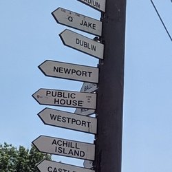 Public House - Signposts to communities all over Ireland and Cleveland stadium for the Browns and Indians in the back parking lot of the pub