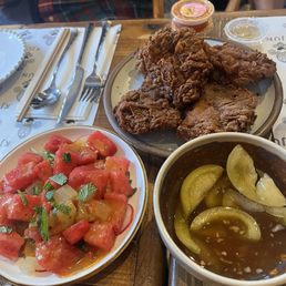 Fried Chicken Thighs (5 pieces), Watermelon Salad & Green Tomato Kimchi Fried Chicken Thighs (5 pieces), Watermelon Salad & Green Tomato Kimchi