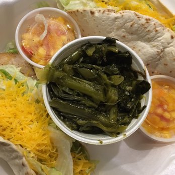 Skrimp Shack - 2 grilled whiting Fish tacos ($7.25) & collards ($1.85). Mango salsa on the side - Seafood Near Me - Norfolk, Virginia Skrimp Shack - 2 grilled whiting Fish tacos ($7.25) & collards ($1.85). Mango salsa on the side - Seafood Near Me - Norfolk, Virginia