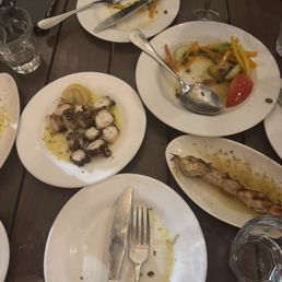 octopus,  greek salad (remnants), and chicken skewers