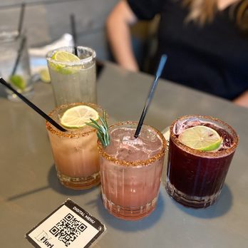 D'Floridian - Lime Margarita (top), guava infused cocktail (left), watermelon infused cocktail (mid), hibiscus (right) - Cuban Near Me - Lawrenceville, Georgia