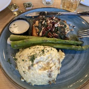 Isla's On The Square - Salmon with caper risotto and asparagus, creamy dill sauce on the side. - Sports Bars Near Me - Spartanburg, South Carolina Isla's On The Square - Salmon with caper risotto and asparagus, creamy dill sauce on the side. - Sports Bars Near Me - Spartanburg, South Carolina