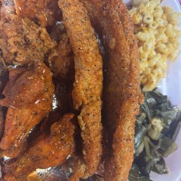 Three meat with buffalo lemon pepper Mac n cheese and greens soooooo yummy got it to go and almost finished it before leaving the building