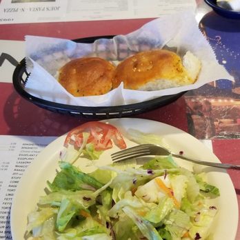Joe's Pasta N Pizza - Salad and bread rolls come with the meal. Didn't like the bread. - Pizza Near Me - Keller, Texas