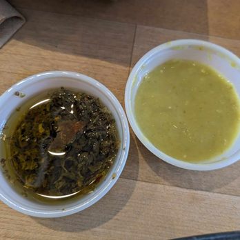 Lazo Empanadas - Chimichurri (left) and green avocado (right) sauce. Neither were very good. They didn't need sauce. - Empanadas Near Me - Denver, Colorado