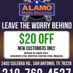 Alamo 24 Hour Mobile Mechanic - Coupon for new customers. 20 off