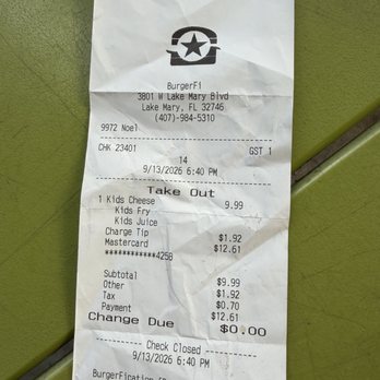 BurgerFi - I used the card reader at the register and selected 10% for tip and was charged 1.92 not 10%. - Burgers Near Me - Lake Mary, Florida