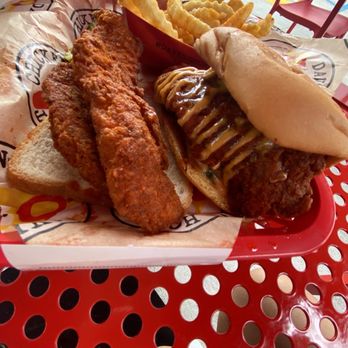 Dave's Hot Chicken - Tender with slider and fries (hot) - Chicken Shop Near Me - Greenville, South Carolina Dave's Hot Chicken - Tender with slider and fries (hot) - Chicken Shop Near Me - Greenville, South Carolina