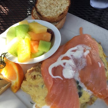 The Crema Cafe - Salmon omelette with fruit & English muffin - Bakeries Near Me - Seal Beach, California