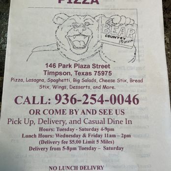 Bear Country Pizza - a menu for a bear country pizza - Pizza Near Me - Timpson, Texas