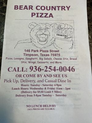 Menu photo 3 Bear Country Pizza Timpson, TX