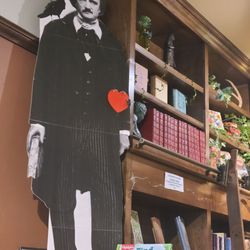 Hills and Hamlets Bookshop - Behind register Edgar Allen Poe cardboard cut out