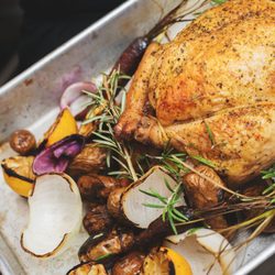 Whole roasted fraser valley chicken. The Little Butcher sells local free run and local organic chicken as well as some cooked chicken items.