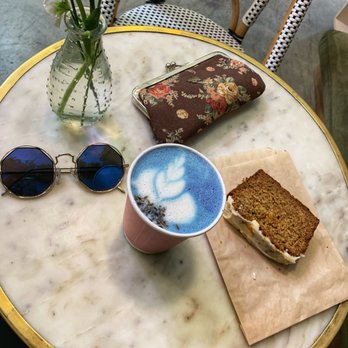 Coffee and Plants - Blue Lavender Latte and Lemon Poppyseed slice. Delicious and compliment each other. - Coffee & Tea Near Me - Pasadena, California