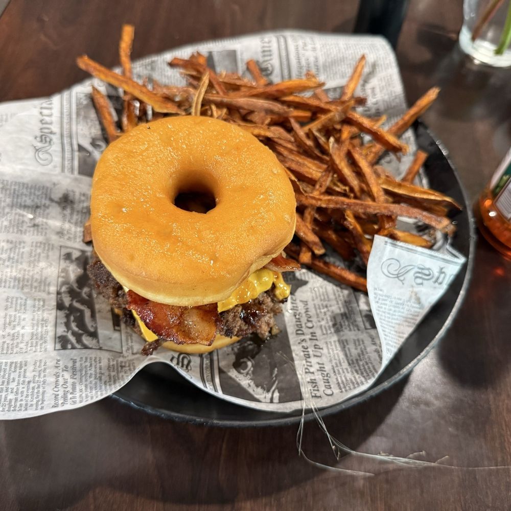 Bacon Me Krazy - Glaze & Blaze (glazed doughnut bun, beef, bacon, cheese, & sweet BBQ sauce) and sweet potato fries - Chicken Wings Near Me - Carthage, Missouri