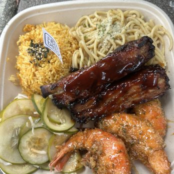 GIM Belly BBQ - 2 entree plate, ribs & garlic shrimp with half Java rice and half garlic noodle - Food Stands Near Me - Belmont, California GIM Belly BBQ - 2 entree plate, ribs & garlic shrimp with half Java rice and half garlic noodle - Food Stands Near Me - Belmont, California