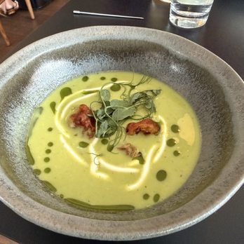 Noble Crown - Spring pea soup (chilled) with crispy prosciutto. - New American Near Me - St. Louis, Missouri Noble Crown - Spring pea soup (chilled) with crispy prosciutto. - New American Near Me - St. Louis, Missouri