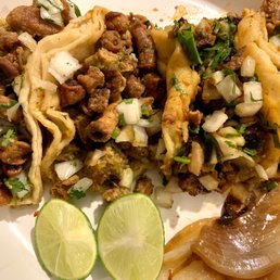 (2) Tripa, Al Pastor and Chicken Tacos. Side of grilled onion (2) Tripa, Al Pastor and Chicken Tacos. Side of grilled onion