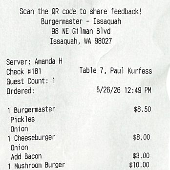 Burgermaster  - Our receipt - Burgers Near Me - Issaquah, Washington