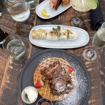 Le Chick - Waffles and chicken and New England lobster roll with a side order of Mexican street corn - Cocktail Bars Near Me - Miami, Florida Le Chick - Waffles and chicken and New England lobster roll with a side order of Mexican street corn - Cocktail Bars Near Me - Miami, Florida