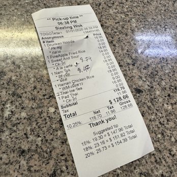 Sizzling Wok - Receipt with the only giving back half the cost of the 2 items with hair $17 - Thai Near Me - Long Beach, California