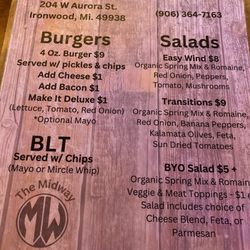 Midway Bar - Sandwich and salad menu