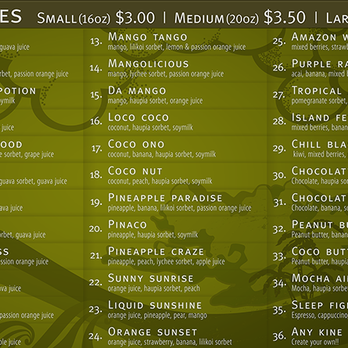 Da Spot - Current smoothie menu 2016 - Mediterranean Near Me - Honolulu, Hawaii