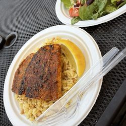 Washington Tavern - Grilled and Blackened Salmon on rice with a side salad.