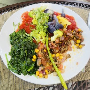 Blue Heron Restaurant - 28 dollar cauliflower dish. Steamed spinach was unseasoned. Tomato was canned. Corn was not fresh - New American Near Me - Santa Fe, New Mexico
