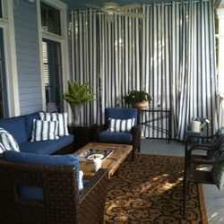 Local installation of Sunbrella outdoor curtains and Moorea Outdoor curtain hardware.