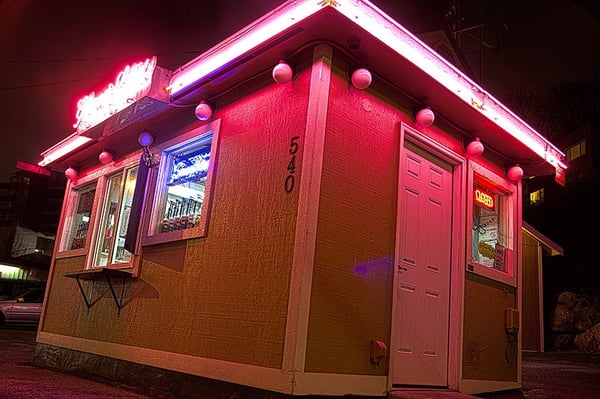 Photo of Gourmet Latté - Seattle, WA, US. Love how cool this place looks at night =) the girls here are always nice to my doggies!