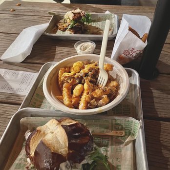 Next Level Veggie Grill Denver - Patio vibes were nice. Burgers with special fries and onion rings - Vegan Near Me - Denver, Colorado