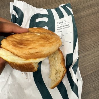 Starbucks - My Double-Smoked Bacon, Cheddar & Egg Sandwich has a flat tire - Coffee & Tea Near Me - La Jolla, California Starbucks - My Double-Smoked Bacon, Cheddar & Egg Sandwich has a flat tire - Coffee & Tea Near Me - La Jolla, California
