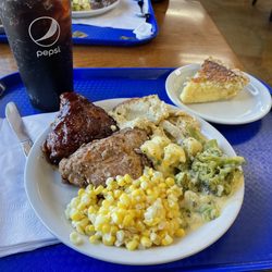 Schwartz Family Restaurant - Home style buffet. Corn, baked chicken, bbq chicken, chicken quiche, broccoli and cauliflower in cheese sauce and coconut cream pie