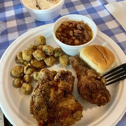 Meuth’s Place - 2 piece fried chicken, fried okra, beans and homemade dessert.
