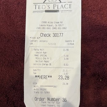 Ted's Place - Receipt for outrageous patty melt - Breakfast & Brunch Near Me - Laguna Niguel, California Ted's Place - Receipt for outrageous patty melt - Breakfast & Brunch Near Me - Laguna Niguel, California