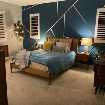 Vista Paint - Teal master bedroom with gold geometric lines. - Paint Stores Near Me - Costa Mesa, California