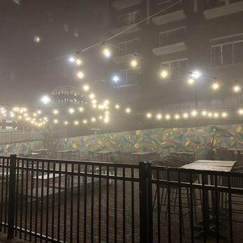 The Glass House - The beautiful patio on a very foggy cold night - Gastropubs Near Me - Lynchburg, Virginia