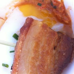 63 degree egg, crispy pork belly and kimchee purée 63 degree egg, crispy pork belly and kimchee purée