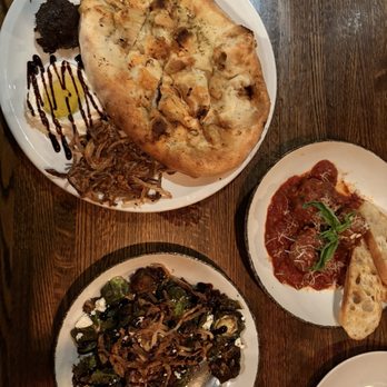 Figs Oven + Enoteca - Stone over bread, Sicilian meatballs, and brussels sprouts. - Mediterranean Near Me - Tucson, Arizona