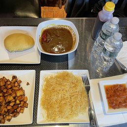 Vermicelle, Sweet Plantain, Water, Bissap, Stew and Foutou Vermicelle, Sweet Plantain, Water, Bissap, Stew and Foutou