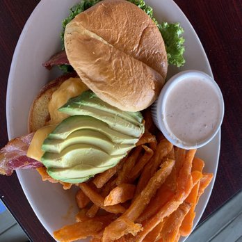 Sparky's Garage II - Buffalo crispy chicken and avocado sandwich with bacon and a side of sweet potato fries. - American Near Me - Butte, Montana Sparky's Garage II - Buffalo crispy chicken and avocado sandwich with bacon and a side of sweet potato fries. - American Near Me - Butte, Montana