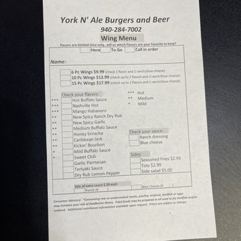 York N Ale - Wing menu - Burgers Near Me - Valley View, Texas
