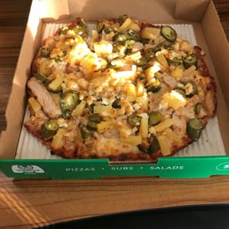 Thin crust with grilled chicken, jalapeño, pineapple and feta cheese.