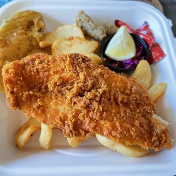 Chef's Custom Cuisine - Fried catfish, sidewinder fries, a fried pickle left top, and fried mushroom center top. - Food Trucks Near Me - Pagosa Springs, Colorado